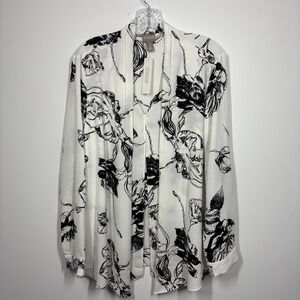 Chico's Bloom Sketch Scarf Front Pullover Long Sleeve Blouse Top Size 2/L Office